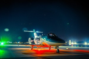 The HondaJet returns from a night-time function and reliability test at Cobb County International Airport in Atlanta.